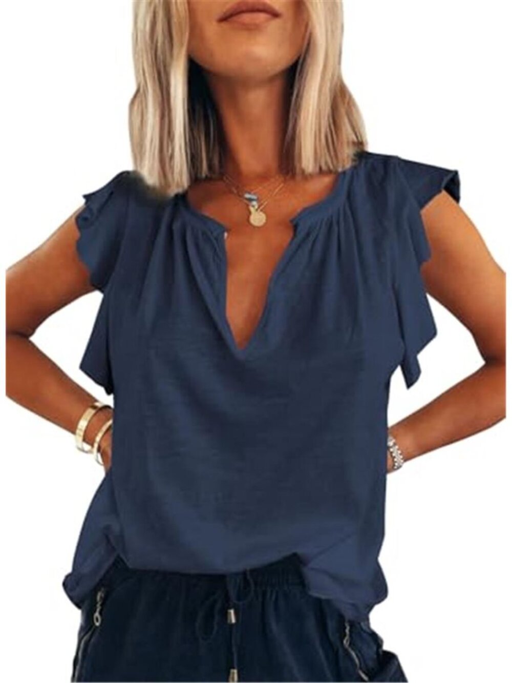 Blue V Neck Ruffle Sleeve Tank Top Loose Fit Cap Sleeve Casual Summer Blouse